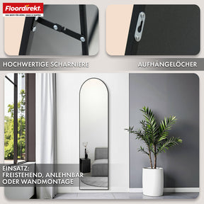 Miroir pleine longueur | Madison | Cadre en aluminium noir incurvé | Sur pied et fixation murale
