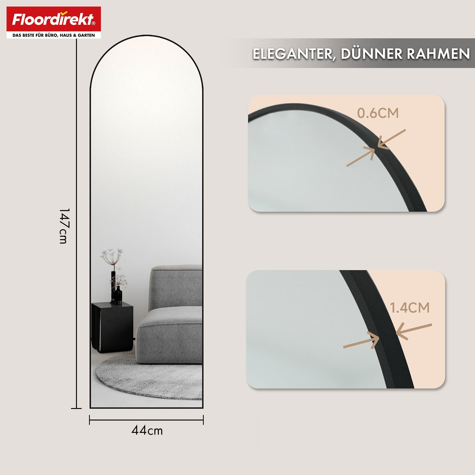 Miroir pleine longueur | Madison | Cadre en aluminium noir incurvé | Sur pied et fixation murale