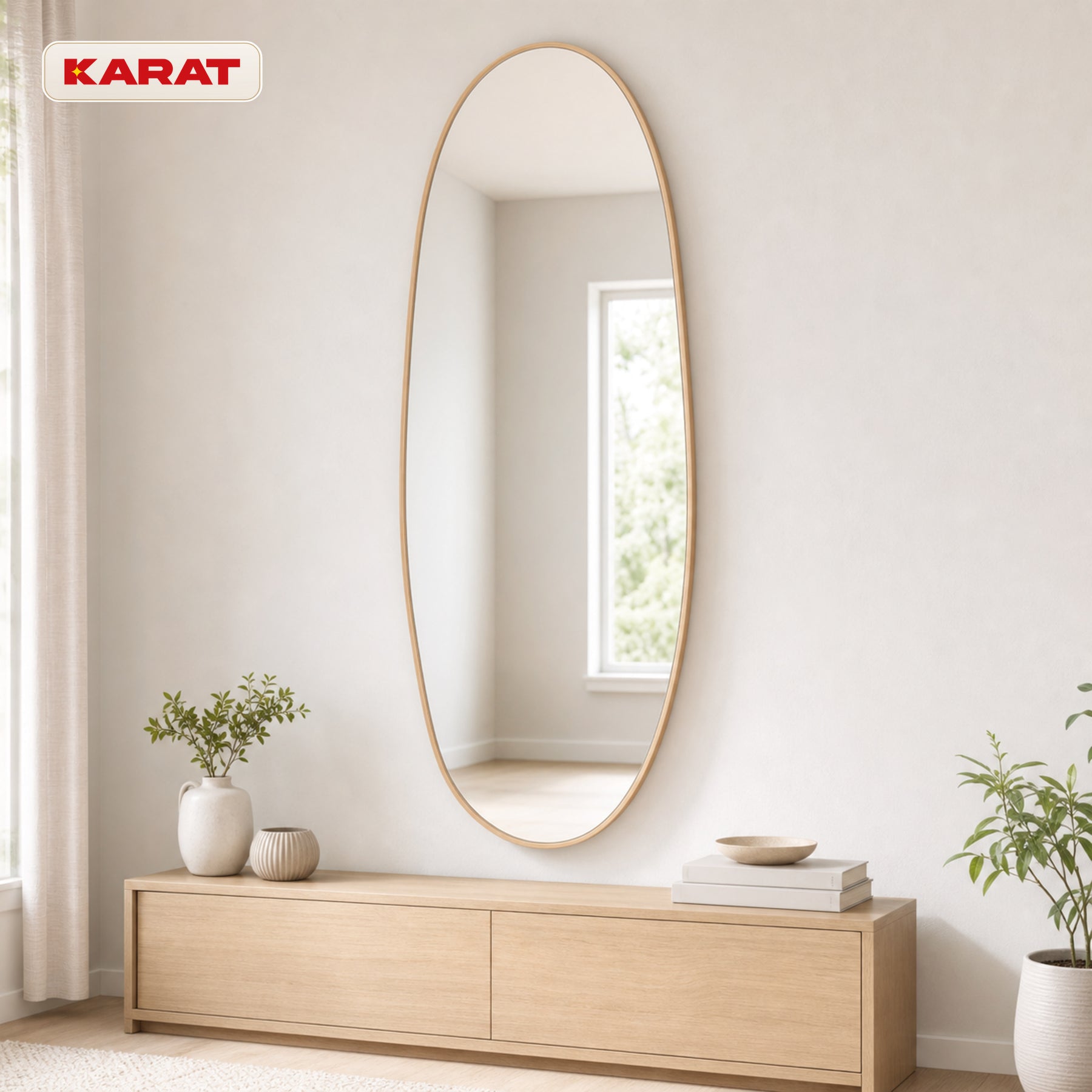 Miroir pleine longueur | Nina | Miroir mural organique avec cadre en aluminium aspect bois | 60 × 150 cm
