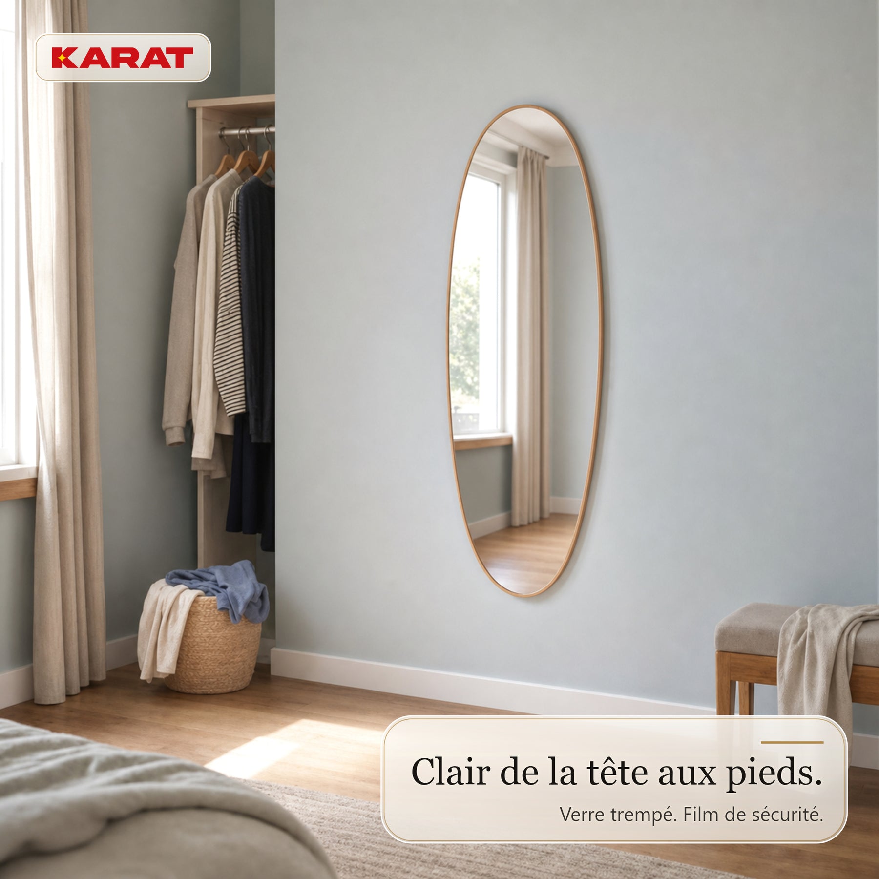 Miroir pleine longueur | Nina | Miroir mural organique avec cadre en aluminium aspect bois | 60 × 150 cm