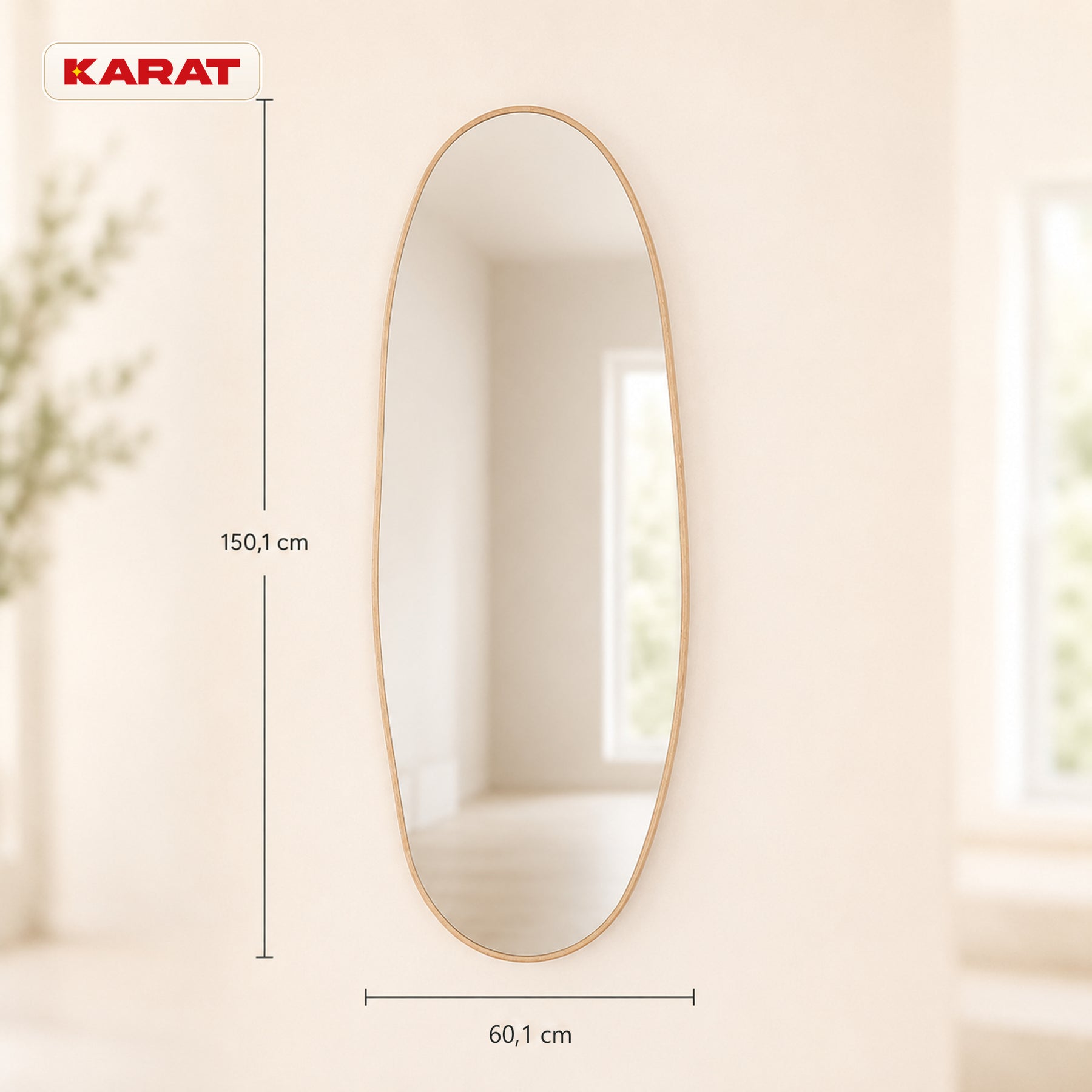 Miroir pleine longueur | Nina | Miroir mural organique avec cadre en aluminium aspect bois | 60 × 150 cm