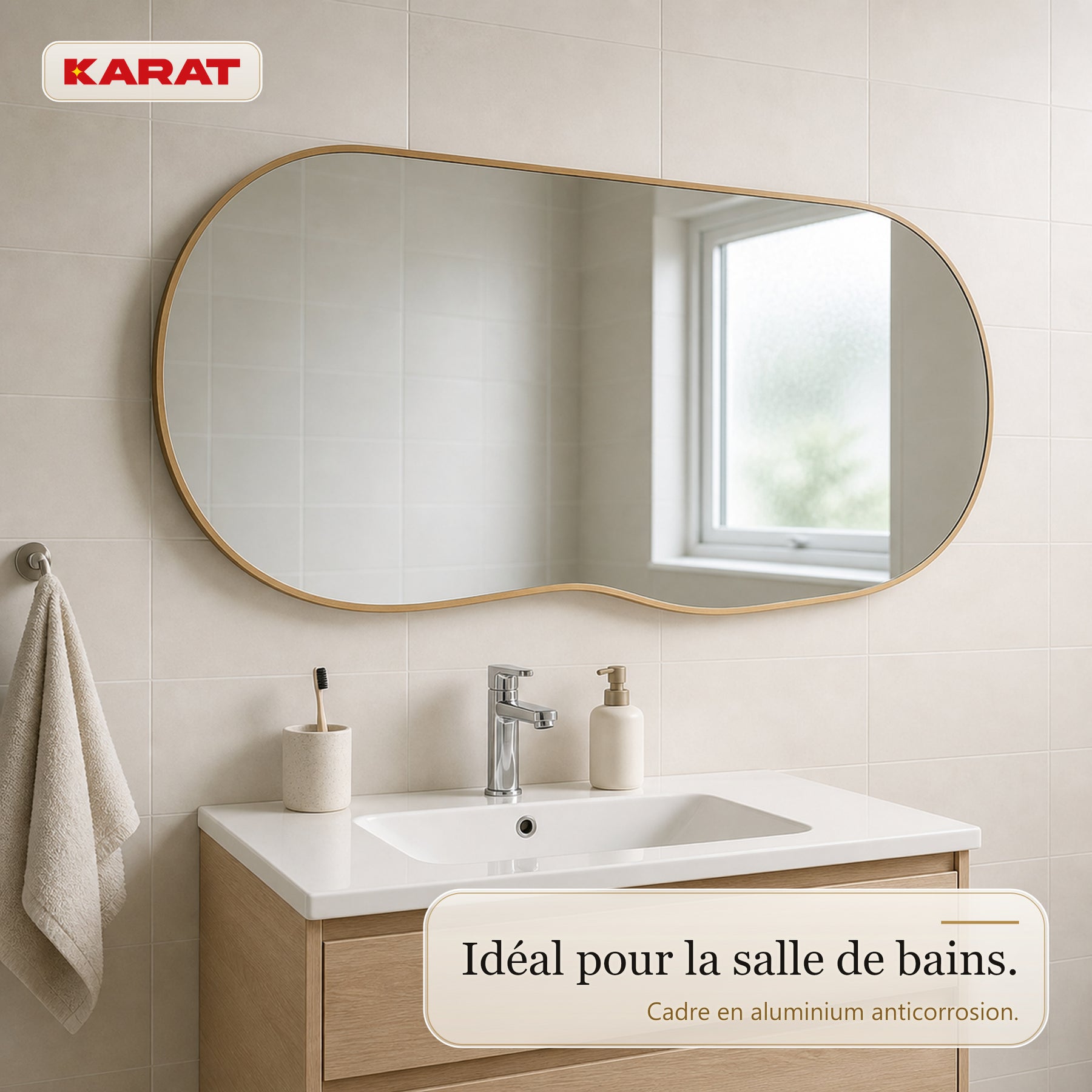 Miroir mural | Serena | Miroir pleine longueur organique avec cadre en aluminium aspect bois | 60 × 120 cm