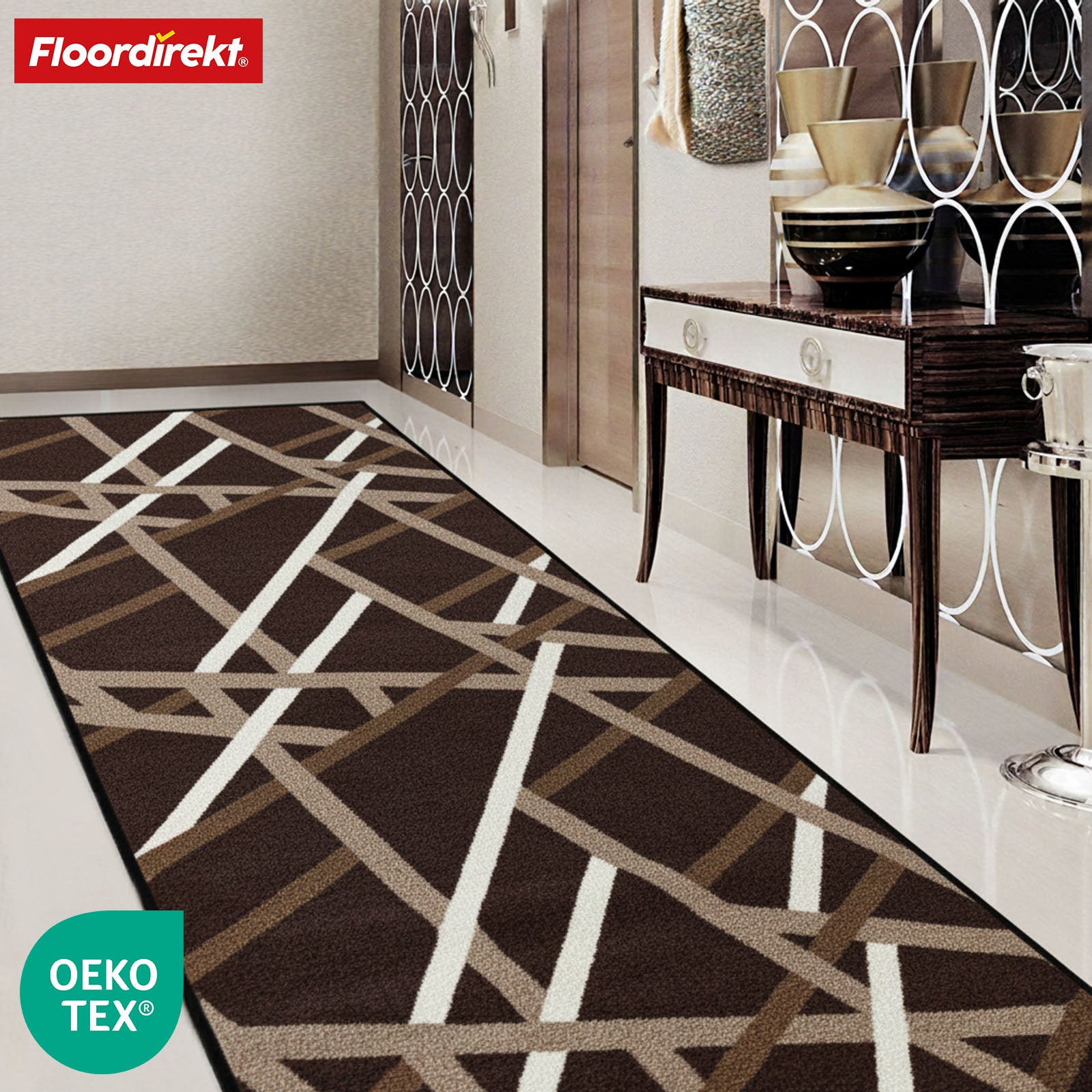 Tapis couloir Printed | En anthracite et marron | Tapis moderne à motif rayé avec dos antidérapant en gel | Résistant et facile d’entretien