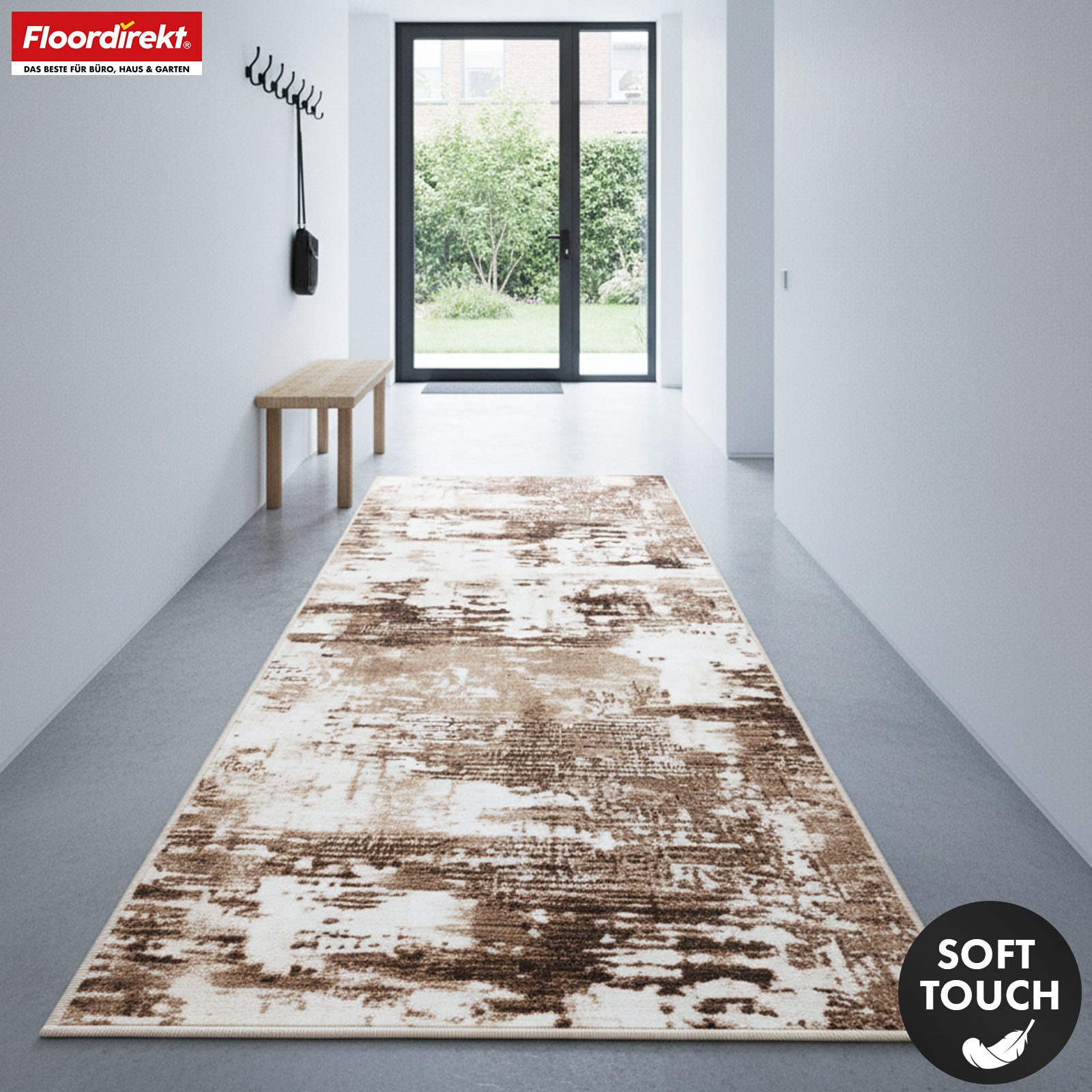 Tapis couloir | Ravena | Tapis moderne en anthracite et brun | Motif abstrait avec dos antidérapant en gel | Résistant et facile d’entretien