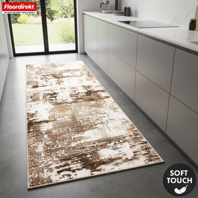 Tapis couloir | Ravena | Tapis moderne en anthracite et brun | Motif abstrait avec dos antidérapant en gel | Résistant et facile d’entretien