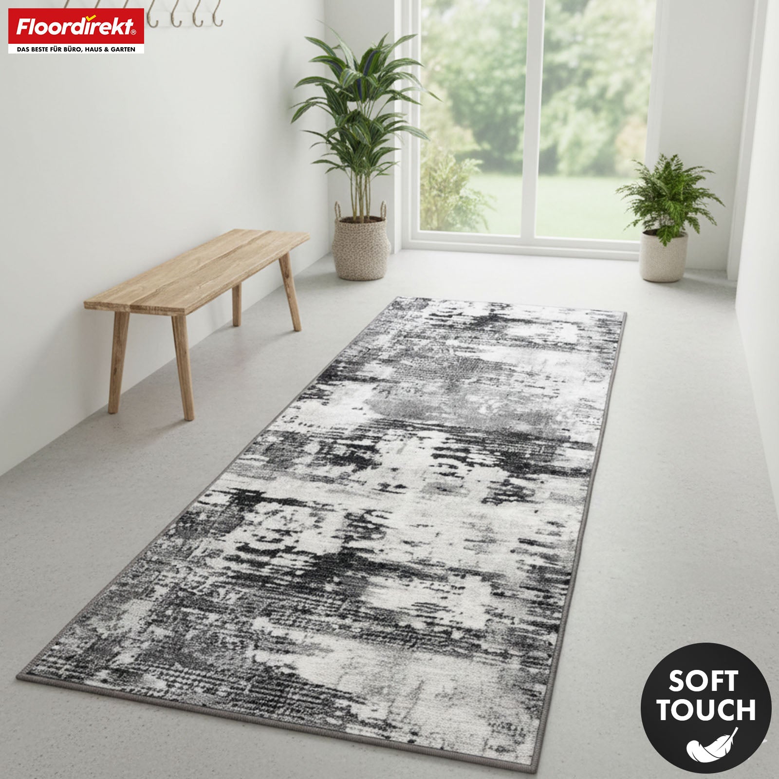 Tapis couloir | Ravena | Tapis moderne en anthracite et brun | Motif abstrait avec dos antidérapant en gel | Résistant et facile d’entretien