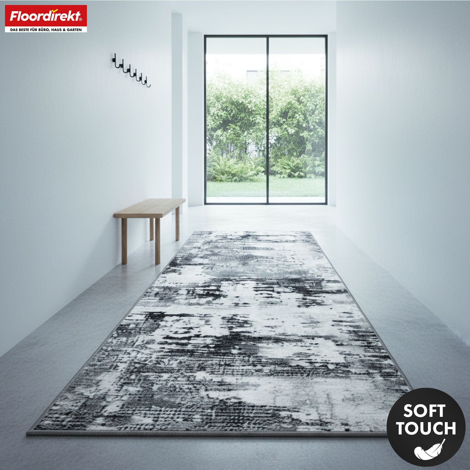 Tapis couloir | Ravena | Tapis moderne en anthracite et brun | Motif abstrait avec dos antidérapant en gel | Résistant et facile d’entretien