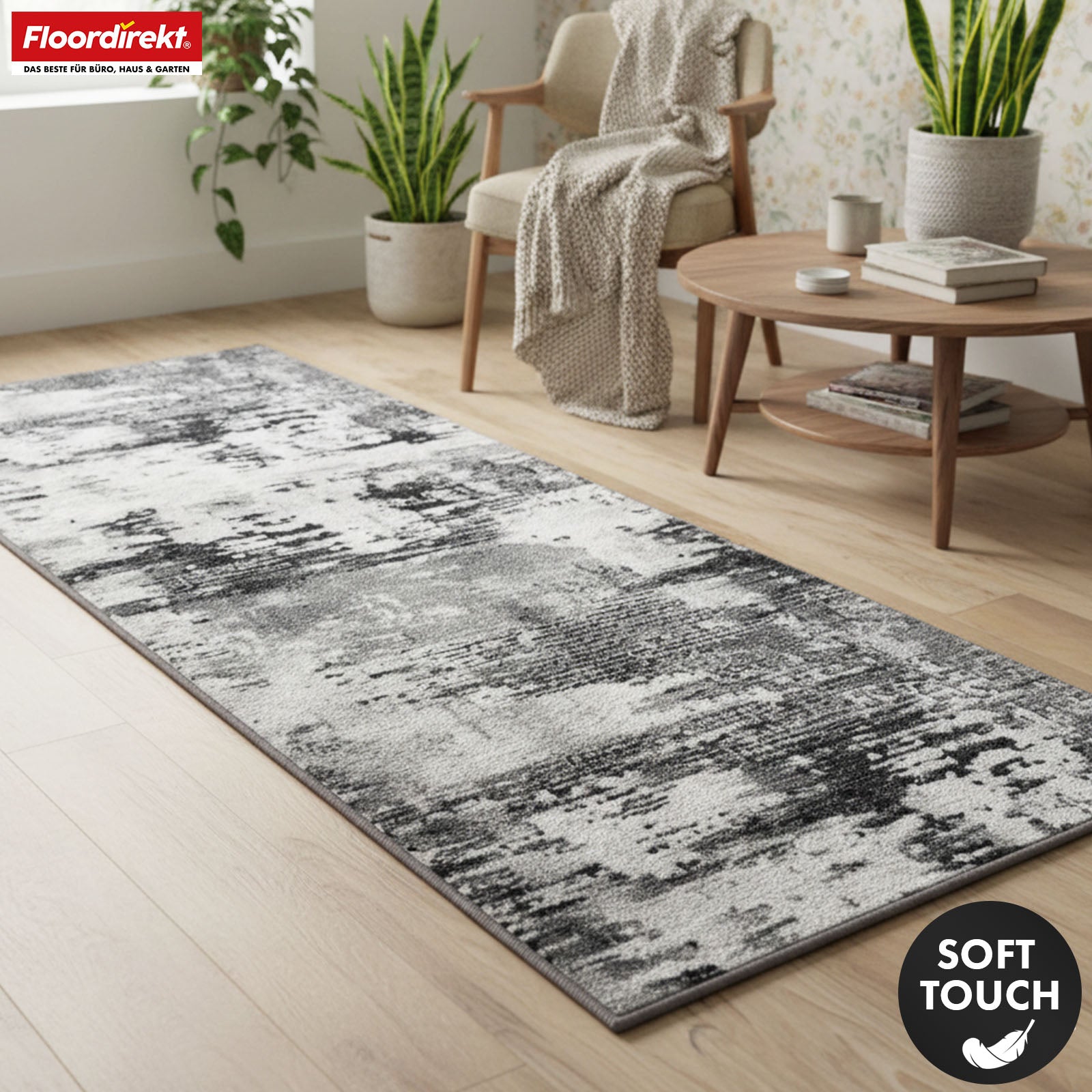 Tapis couloir | Ravena | Tapis moderne en anthracite et brun | Motif abstrait avec dos antidérapant en gel | Résistant et facile d’entretien