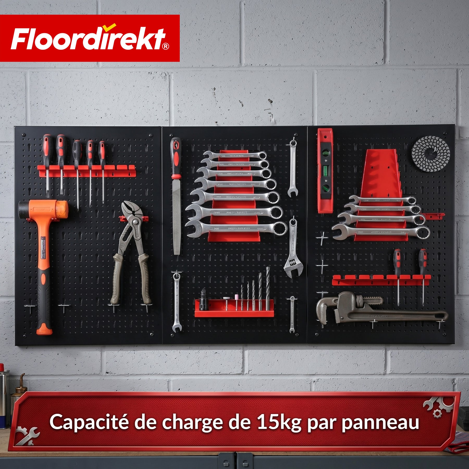 Mur à outils | Parker | Panneau perforé en métal avec accessoires | Support à outils pour atelier et garage