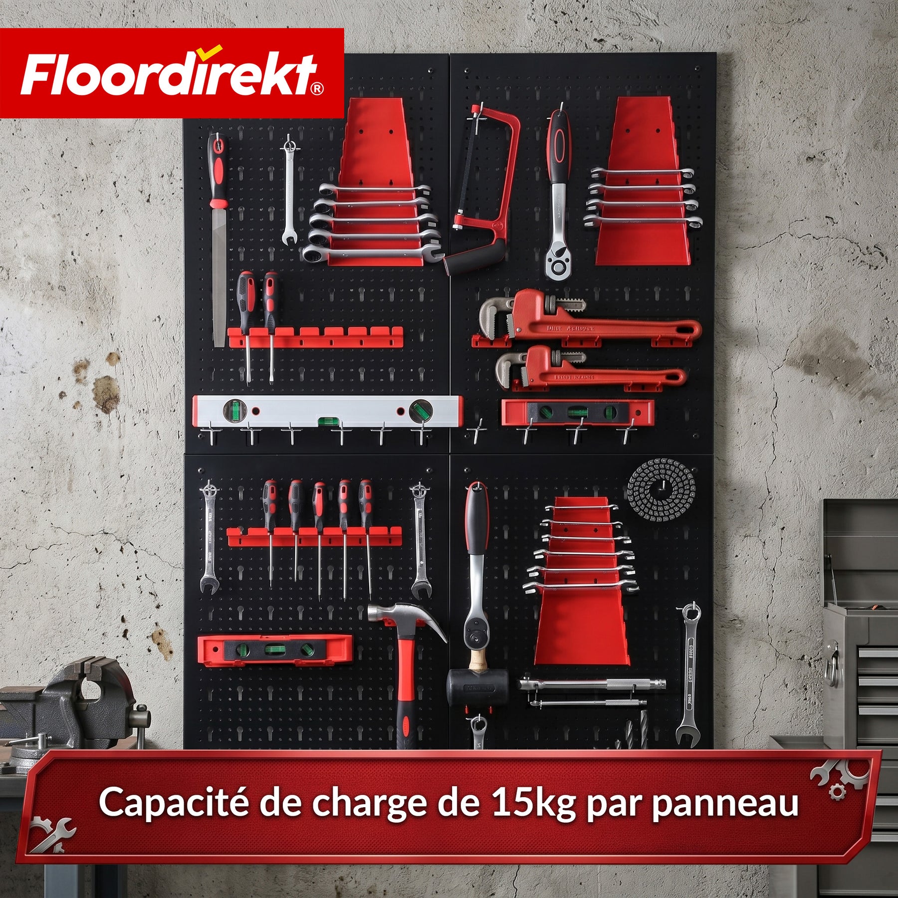 Mur à outils | Parker | Panneau perforé en métal avec accessoires | Support à outils pour atelier et garage