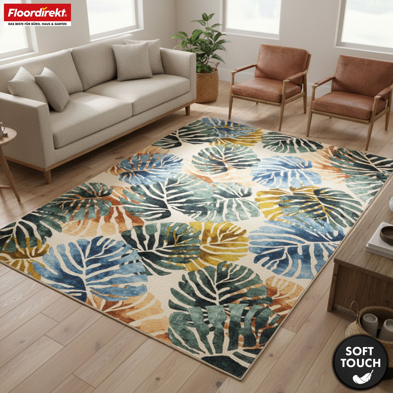 Tapis de salon | Amazonia | Tapis moderne à motif de feuilles | Antidérapant, résistant & facile d’entretien | Disponible en plusieurs tailles