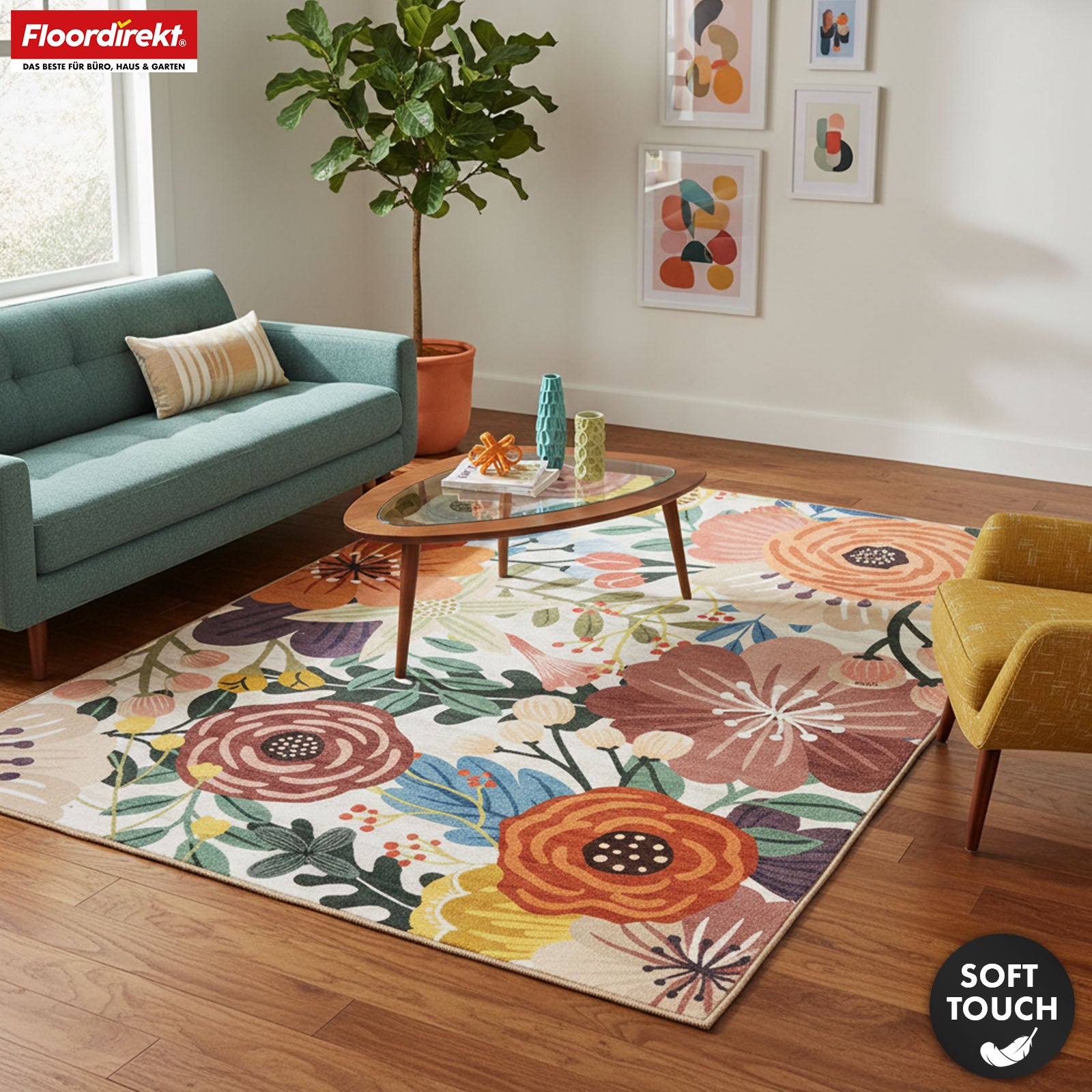 Tapis de salon | Fleur | Tapis moderne à motif floral coloré | Antidérapant, résistant & facile d’entretien | Disponible en plusieurs tailles