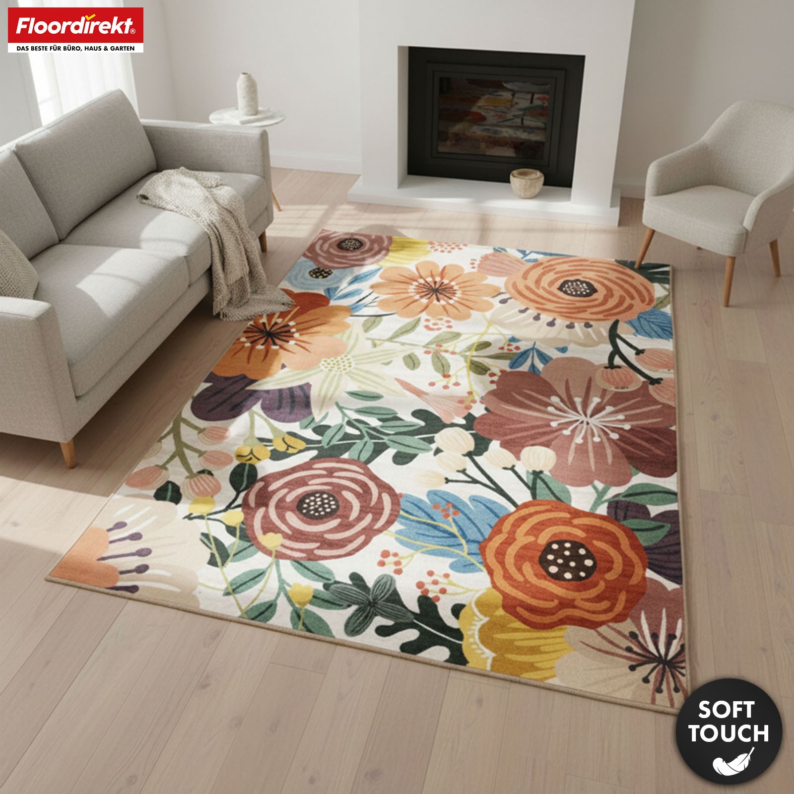 Tapis de salon | Fleur | Tapis moderne à motif floral coloré | Antidérapant, résistant & facile d’entretien | Disponible en plusieurs tailles