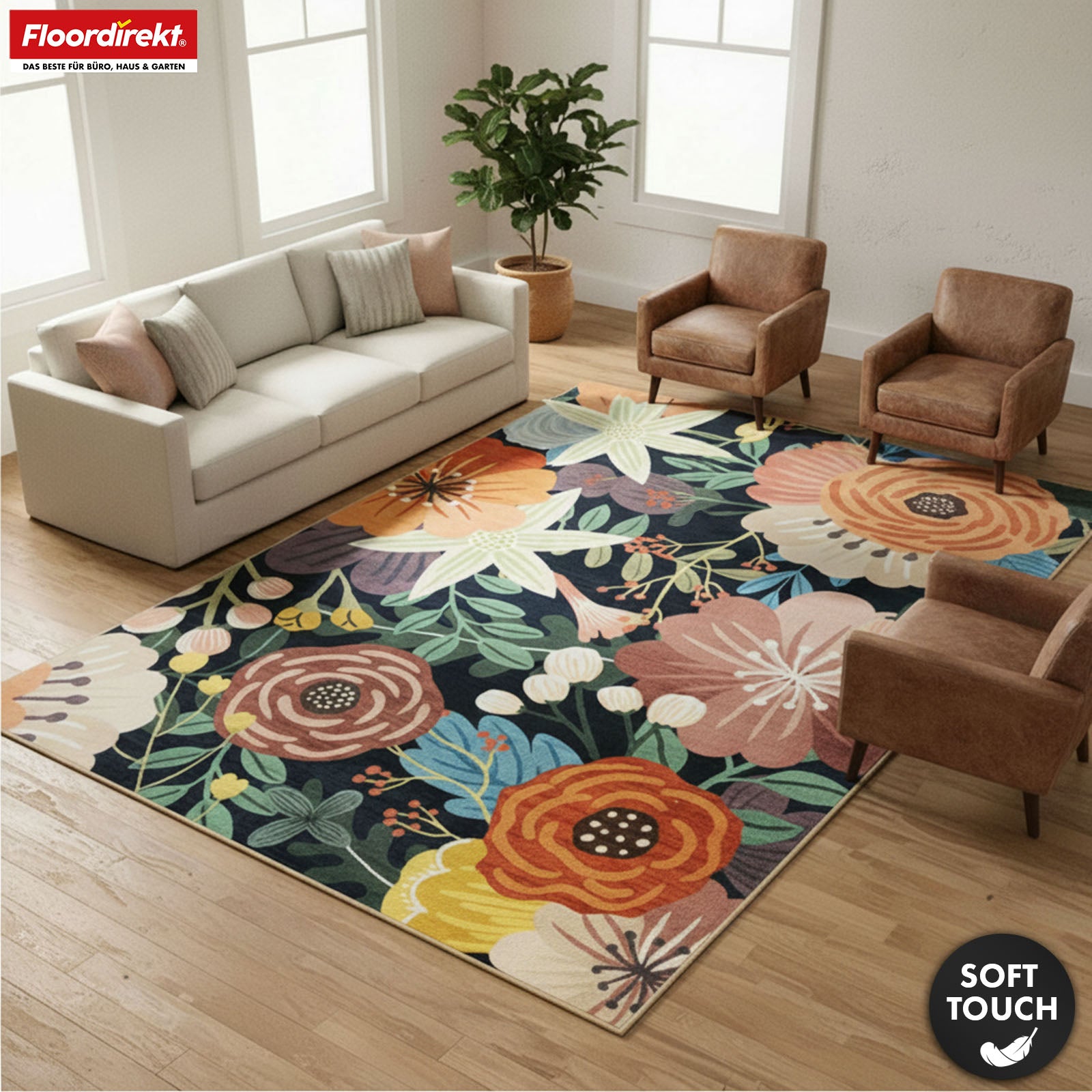 Tapis de salon | Tropica | Tapis moderne à motif floral tropical | Antidérapant, résistant & facile d’entretien | Disponible en plusieurs tailles