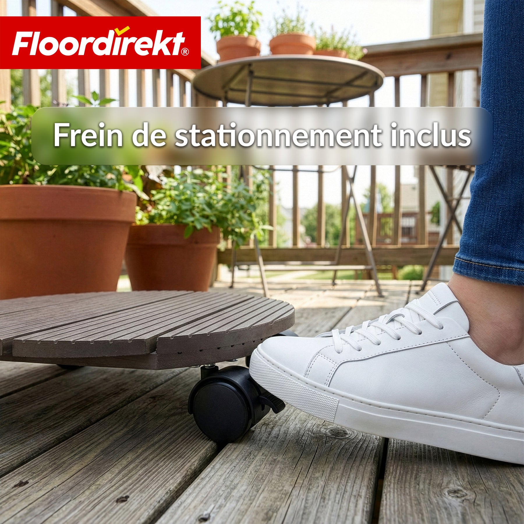 Chariot à plantes en WPC | Countess | Plateau roulant Ø 30 cm | 4 roulettes pivotantes à 360° & frein de blocage | charge jusqu’à 80 kg