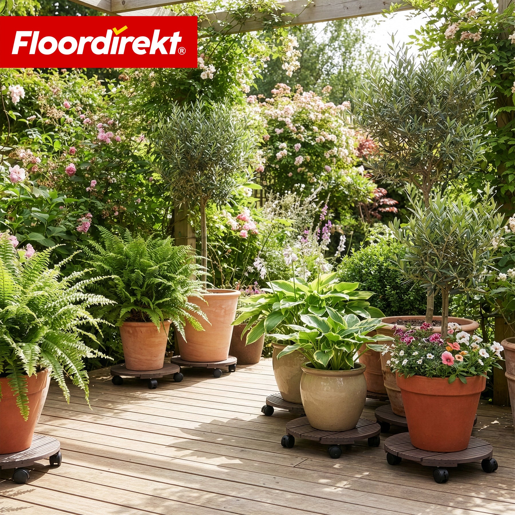 Chariot à plantes en WPC | Countess | Plateau roulant Ø 30 cm | 4 roulettes pivotantes à 360° & frein de blocage | charge jusqu’à 80 kg