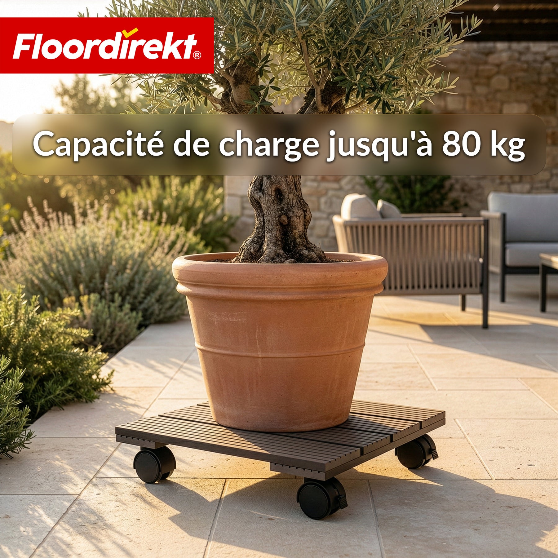 Chariot pour plantes en WPC | Marquis | Support roulant 30 x 30 cm | Roulettes pivotantes 360° avec frein | Charge jusqu’à 80 kg