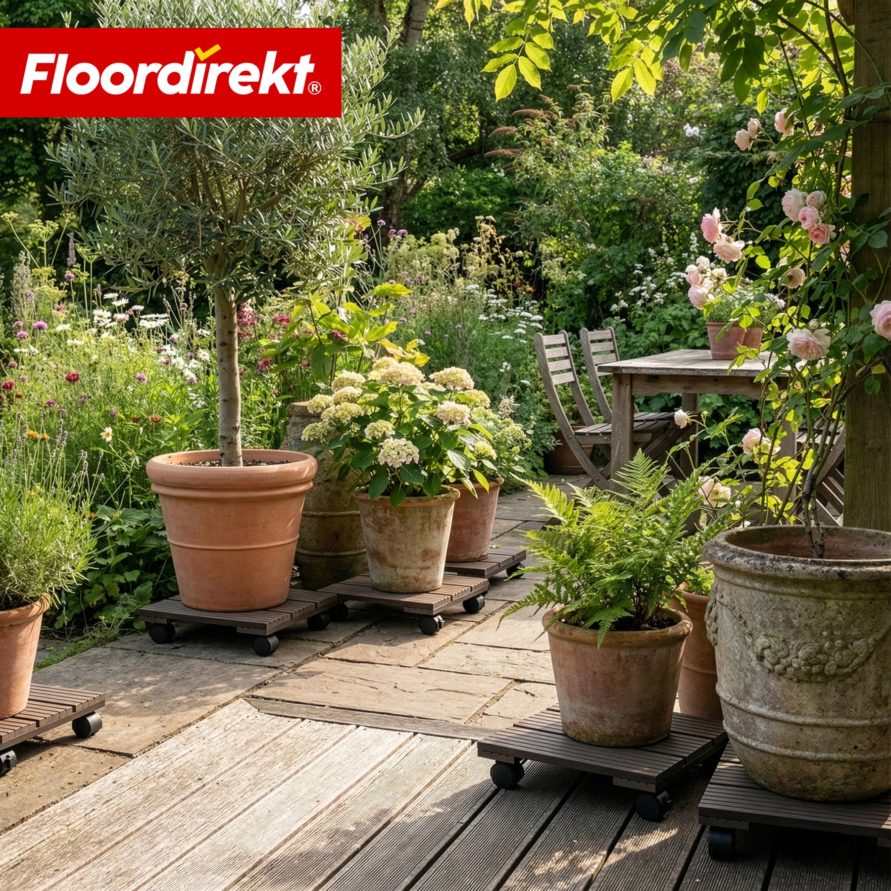 Chariot pour plantes en WPC | Marquis | Support roulant 30 x 30 cm | Roulettes pivotantes 360° avec frein | Charge jusqu’à 80 kg